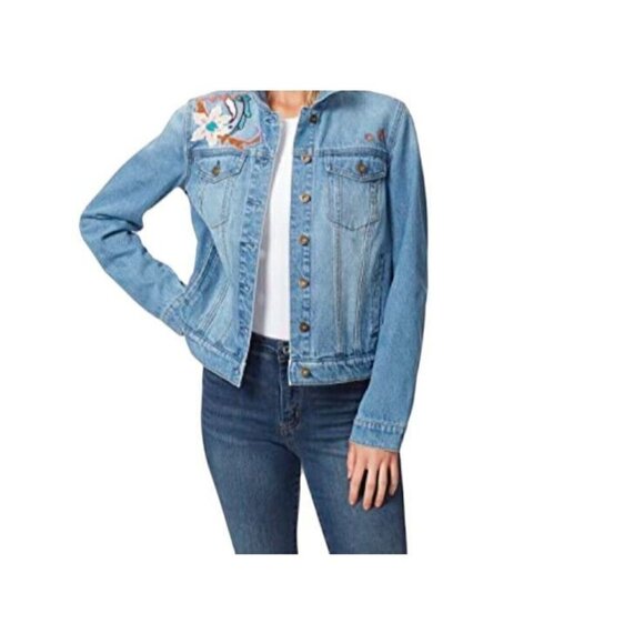 Jessica Simpson Floral Reagan Trucker Relaxed Button Up Blue Jean Jacket Size 3X - Picture 1 of 7